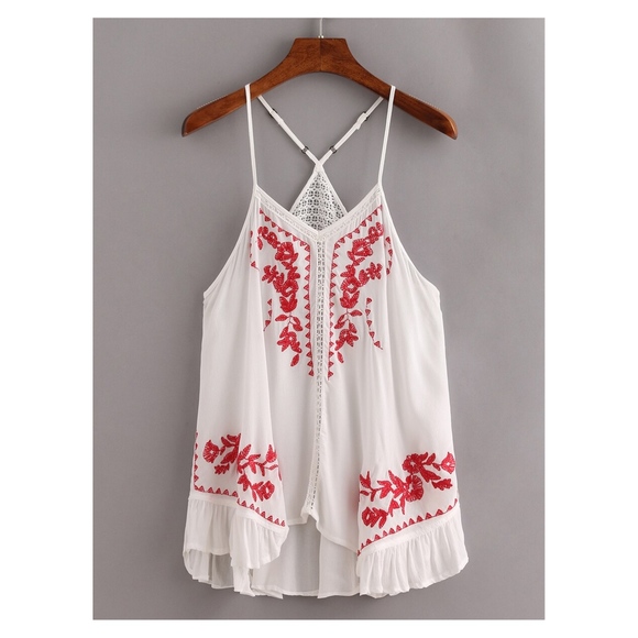 MBM Unlimited Tops - White Red Embroidered Ruffle Cami Top